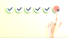 five ticks in circles and a finger pointing to a target.