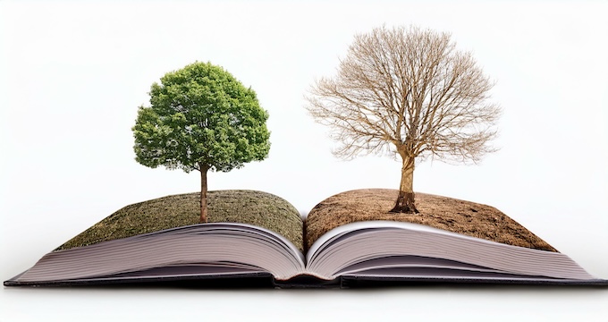 Open book with two trees, one alive and one dead